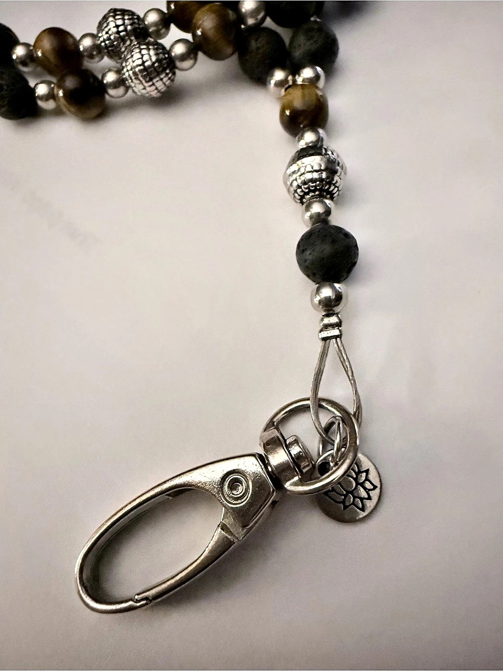 Tiger Eye Beaded Lanyard in Silver, Black & Brown - Picture 4 of 9